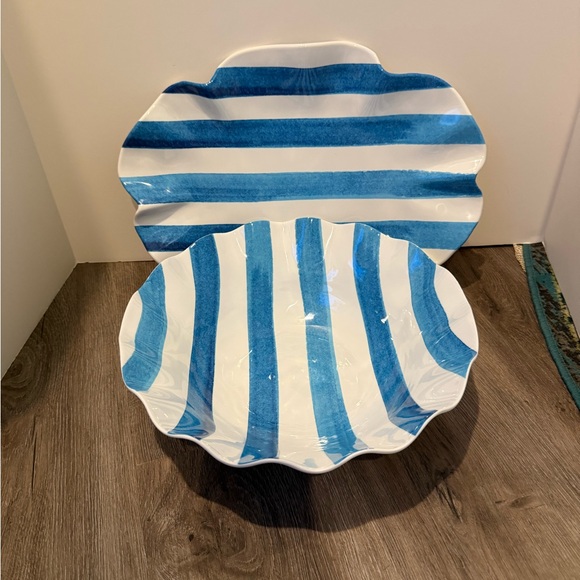 The Spring Shop Other - Super Cute Blue & White Striped Wavy Platter and Serving Bowl- NWT